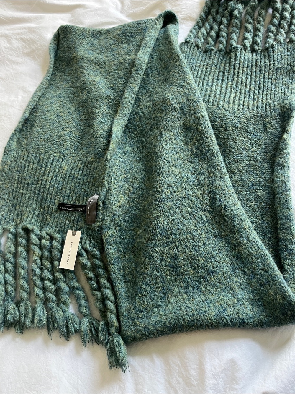 Anthropologie Marled Knit Scarf in blue chunky knit tassel cozy winter scarf
